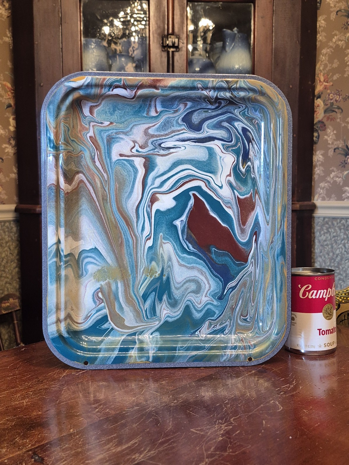 RARE Antique Green & MULTI-COLOR ” Swirl ” Graniteware Enamelware Tray / Pan