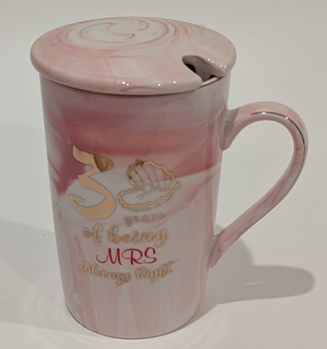 Coffee Mug Cup Mrs Always Right 30th Anniversary Pink Marble Gold Trim Accent 5″