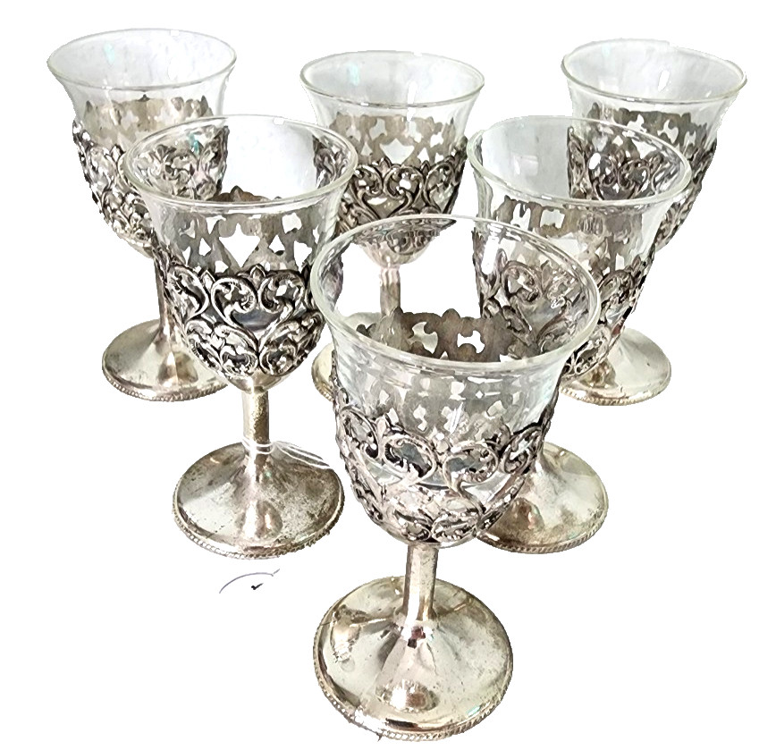 Set 6 Silverplate Filigree Wine Goblets Glass Inserts Japan Vintage