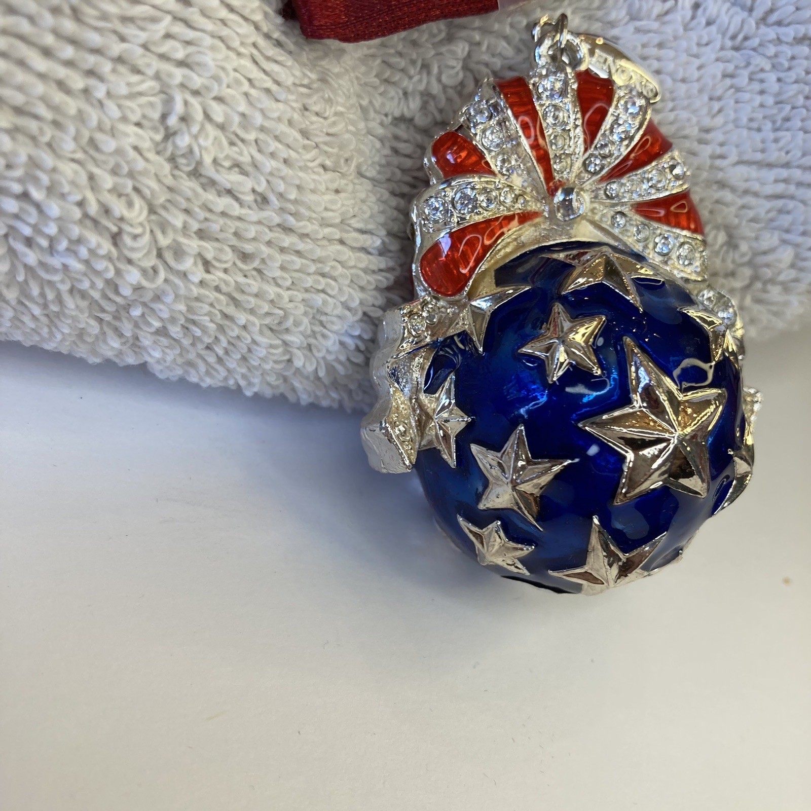 Patriotic Red White & Blue Star Spangled Ball Ornament Enamel Silver USA’s 250th