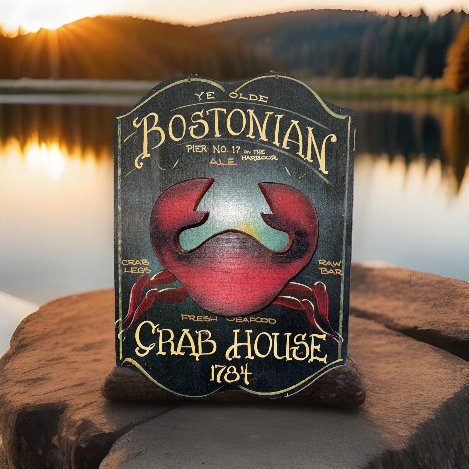 Vintage wooden 3D sign Fishing, Crab, Trout Fishing Boston Boat Man Cave