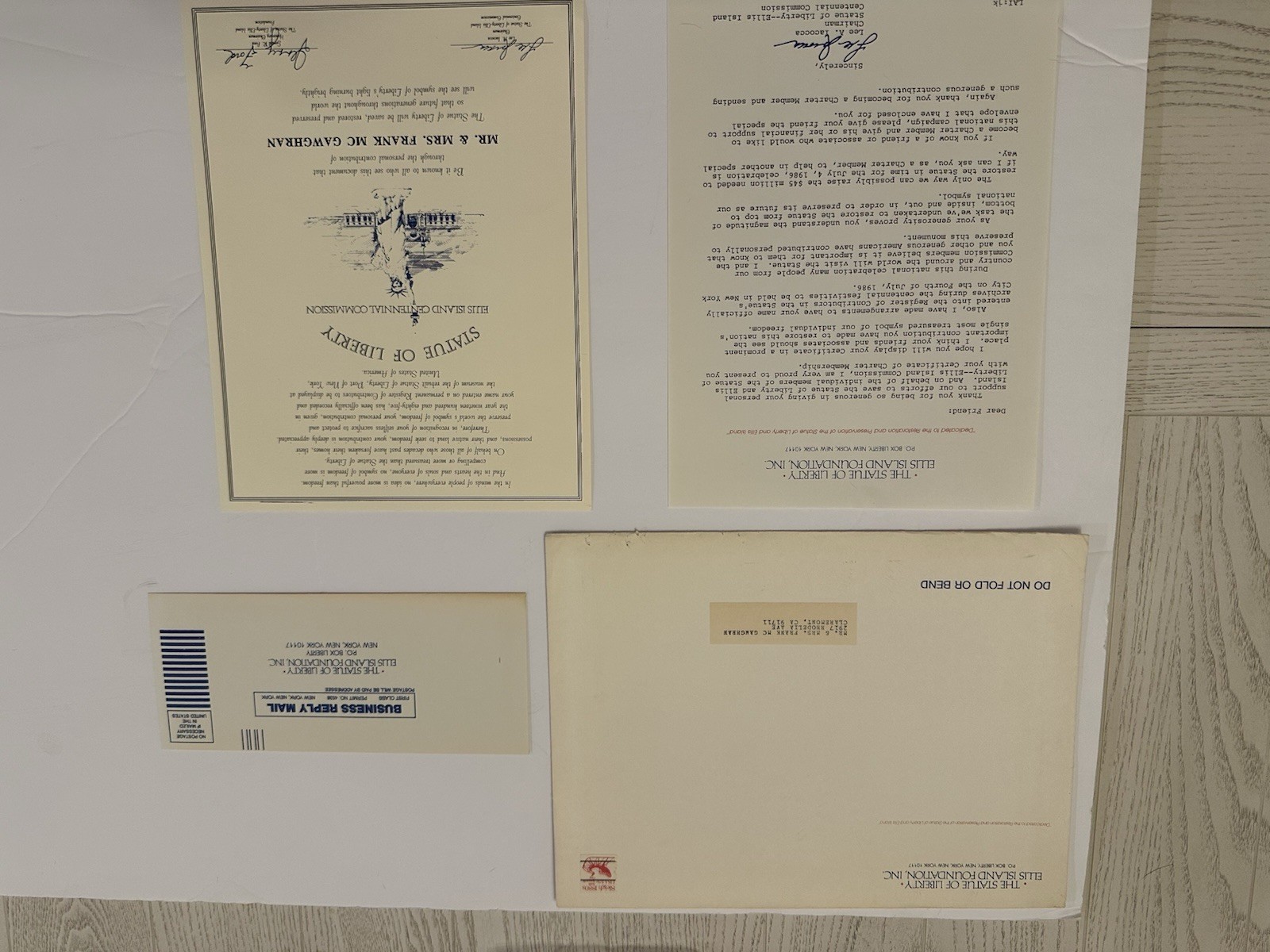 The Statue Of Liberty -“Ellis Island” Contribution Signed By Lee Iacocca & Ford