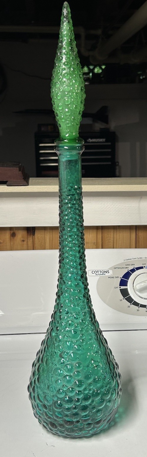 Vintage Italian Empoli Genie Bottle Emerald Green Glass Decanter Hobnail 22″