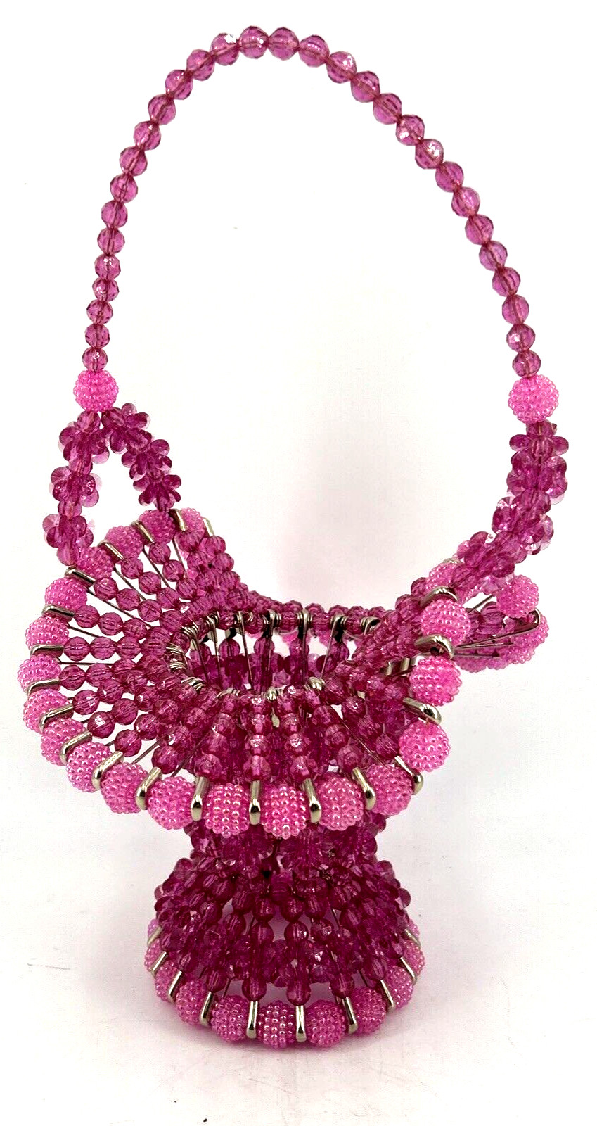 Bead Safety Pin Basket Pink Handmade Large 13″ Tall Vintage