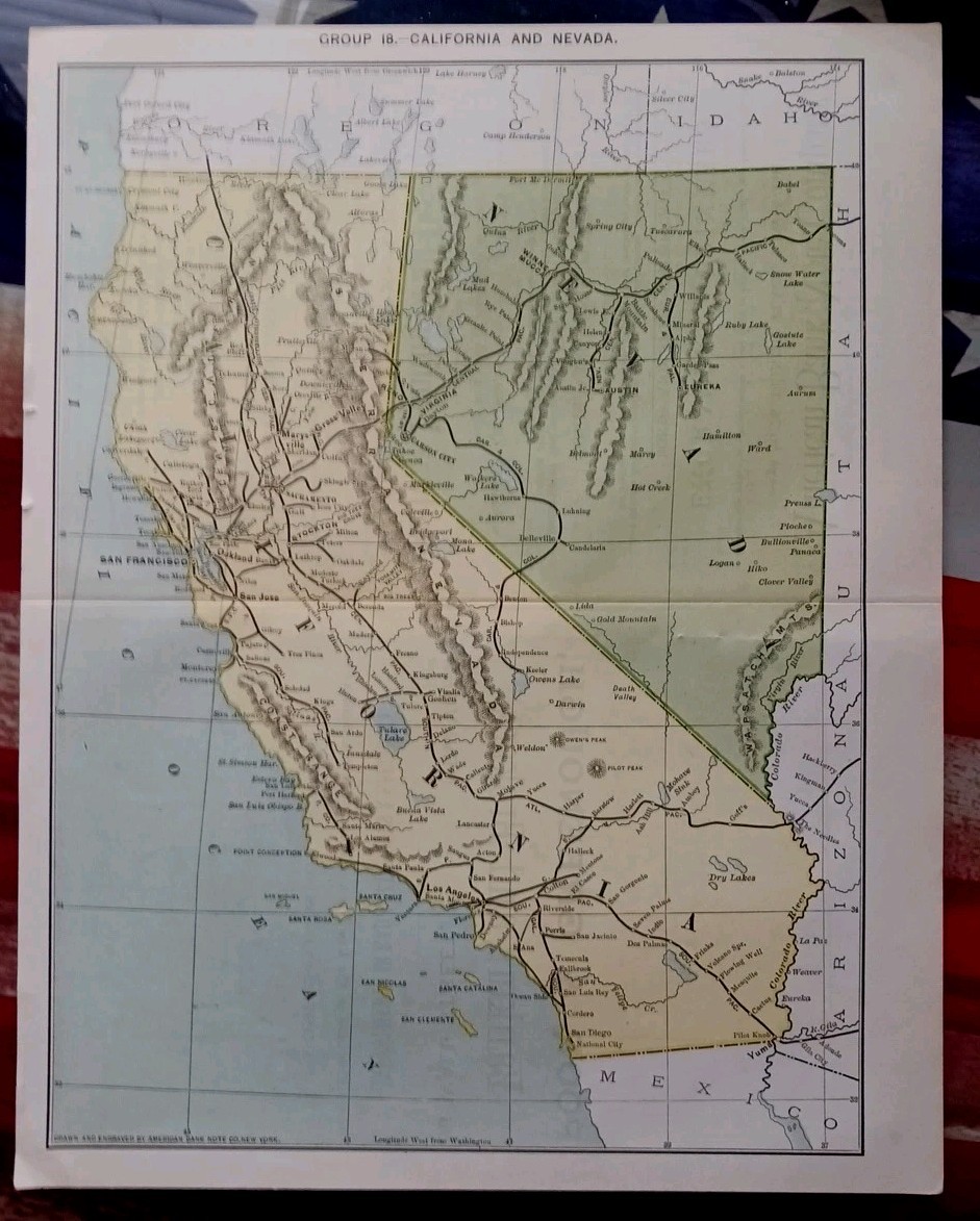 1888 Antique Railroad Map CALIFORNIA & NEVADA ALL Train Route lines Depots 11×9″