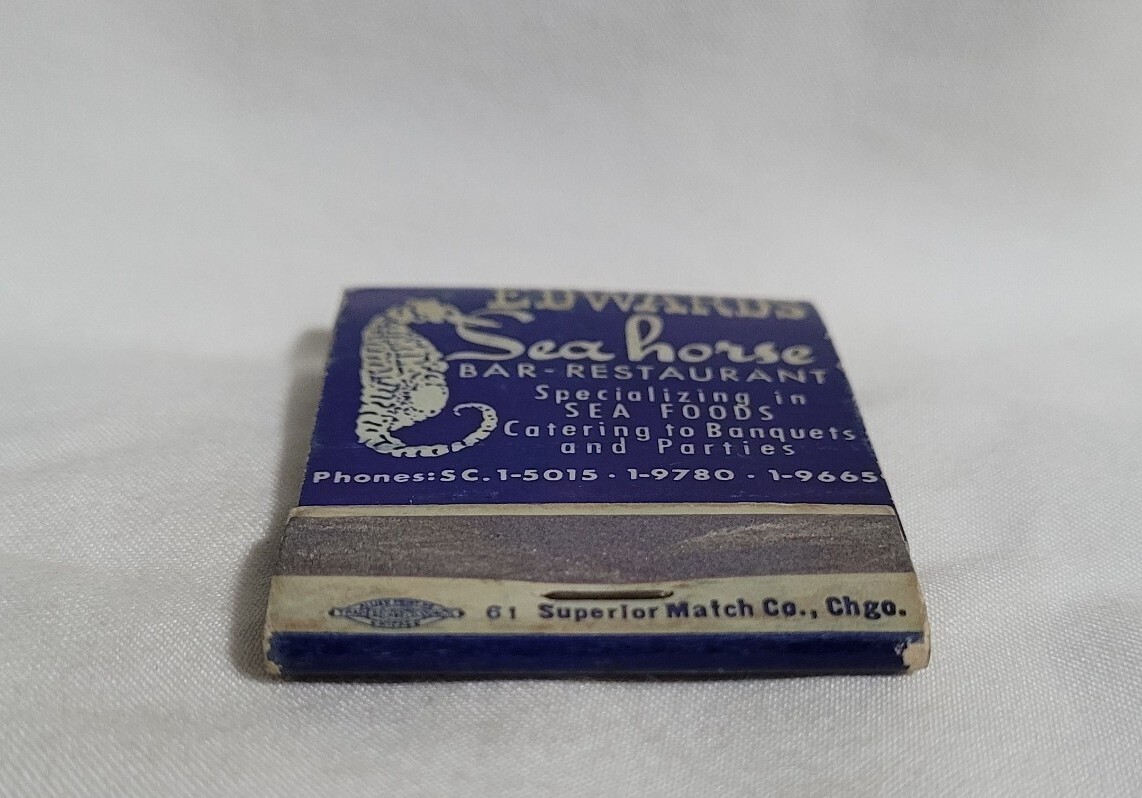 Vintage Matchbook Cover Edwards Seahorse Restaurant Bar Advertising
