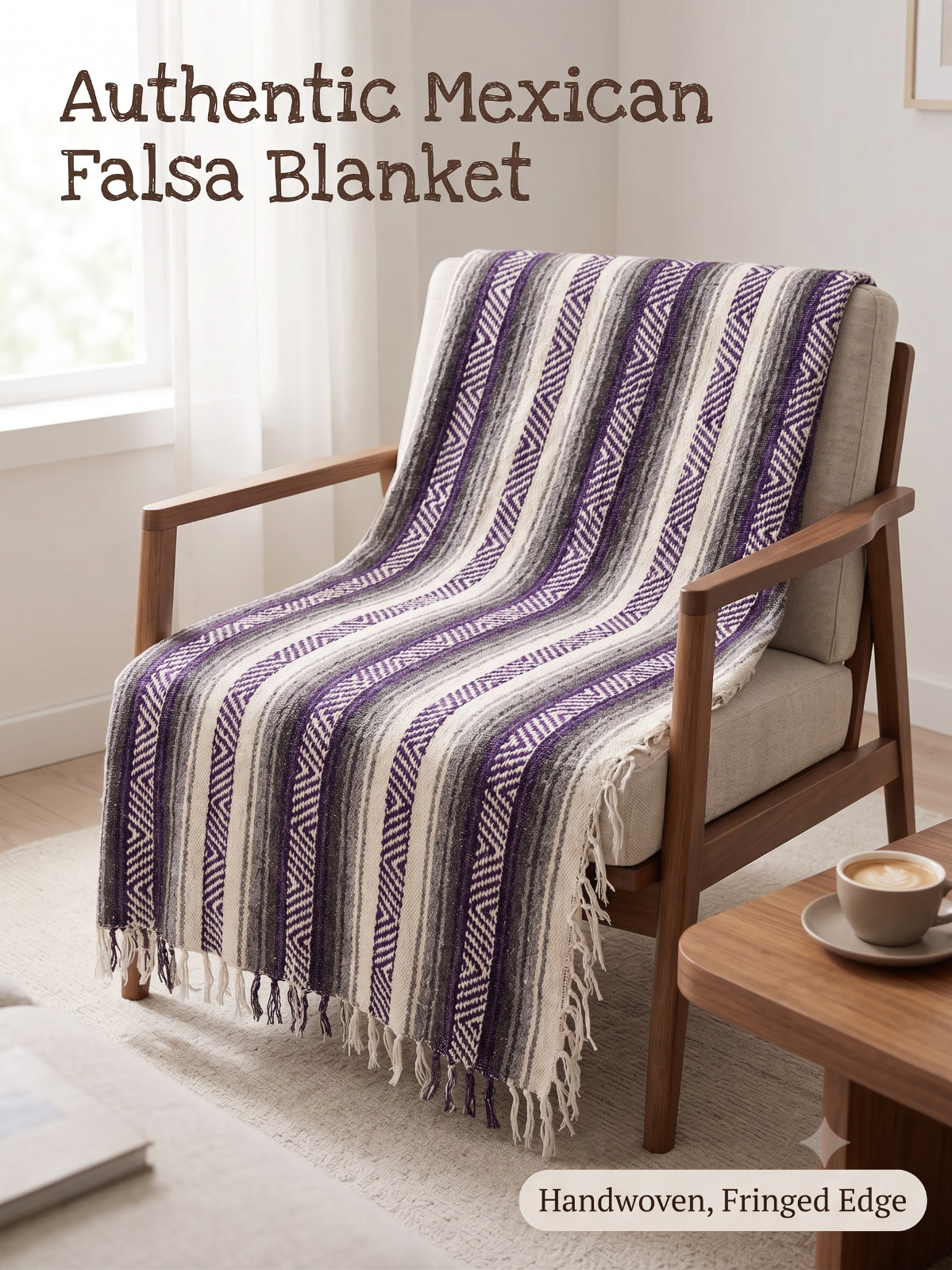 Vintage Mexican Falsa Blanket Purple Grey White Southwest Serape Throw Rug 66×40