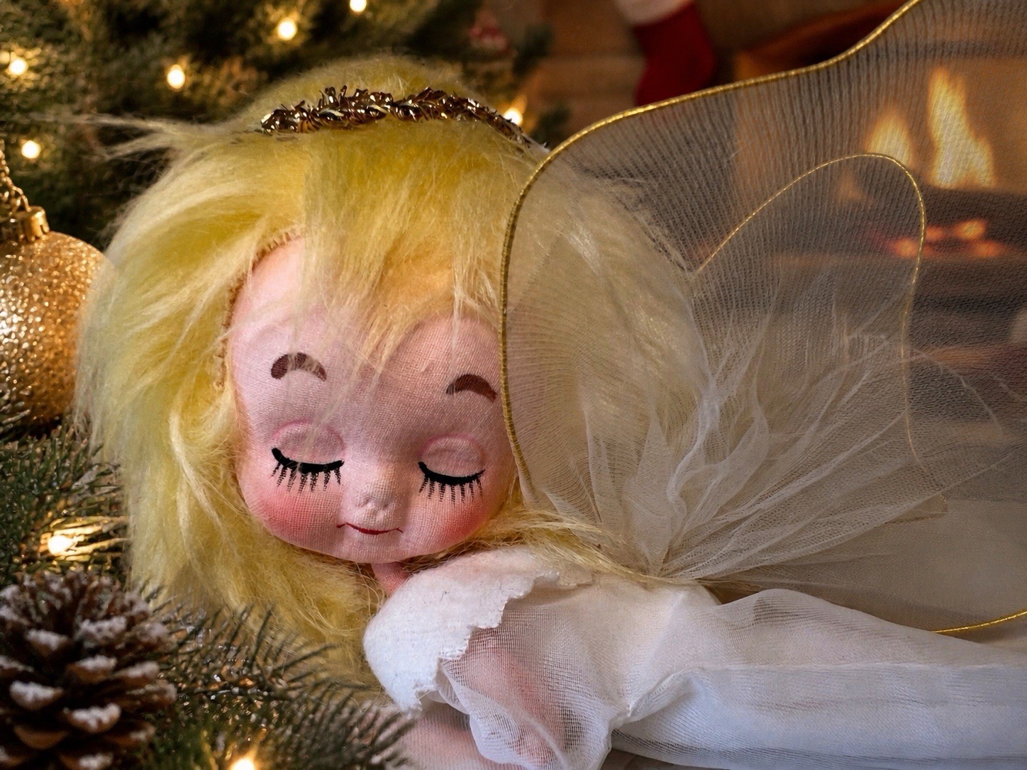 Vintage Forsum Yellow Stockinette Sleeping Angel Ornament Decoration Japan 60’s