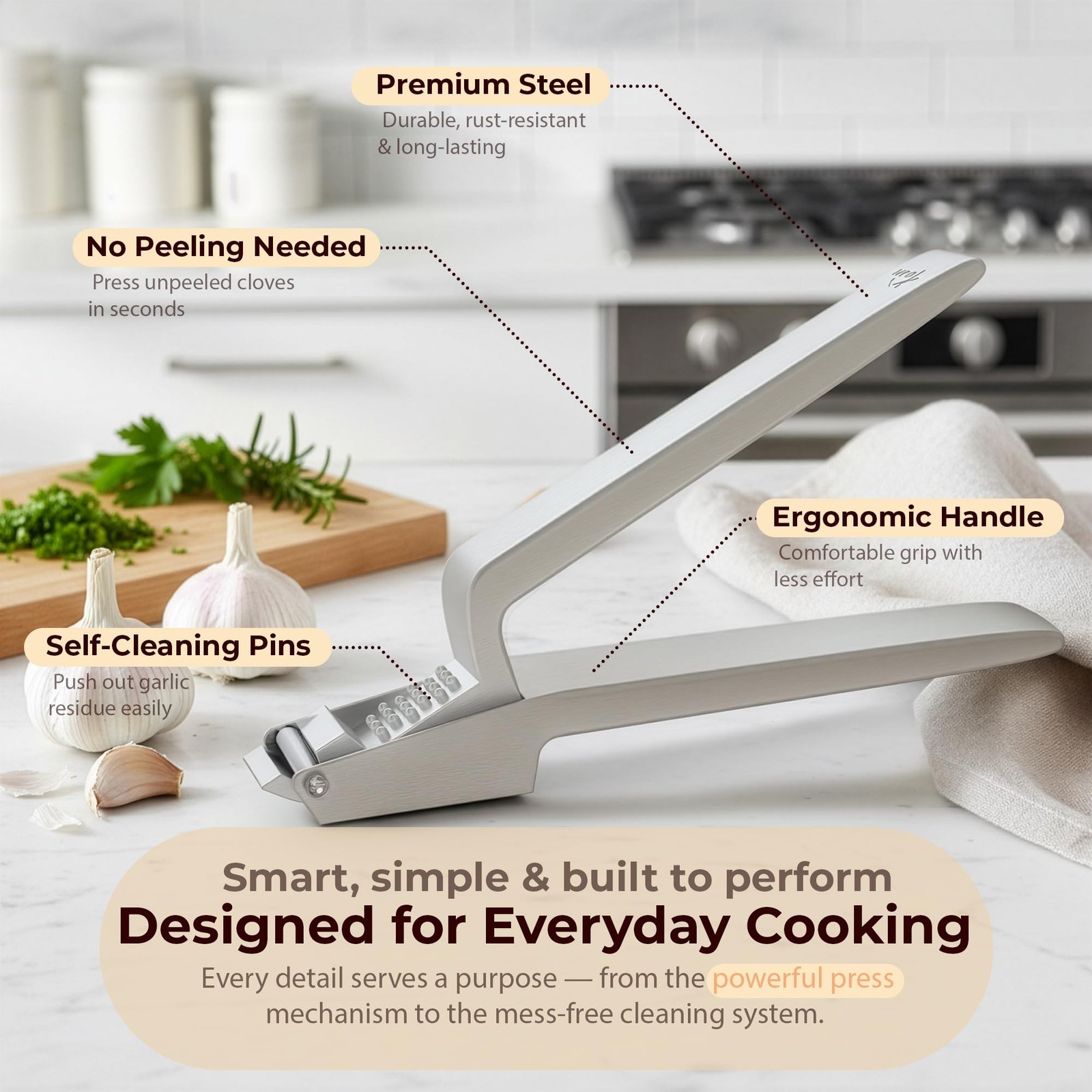 No Peeling Required, 100% Stainless Steel Garlic Press – Odor-free Cleanin