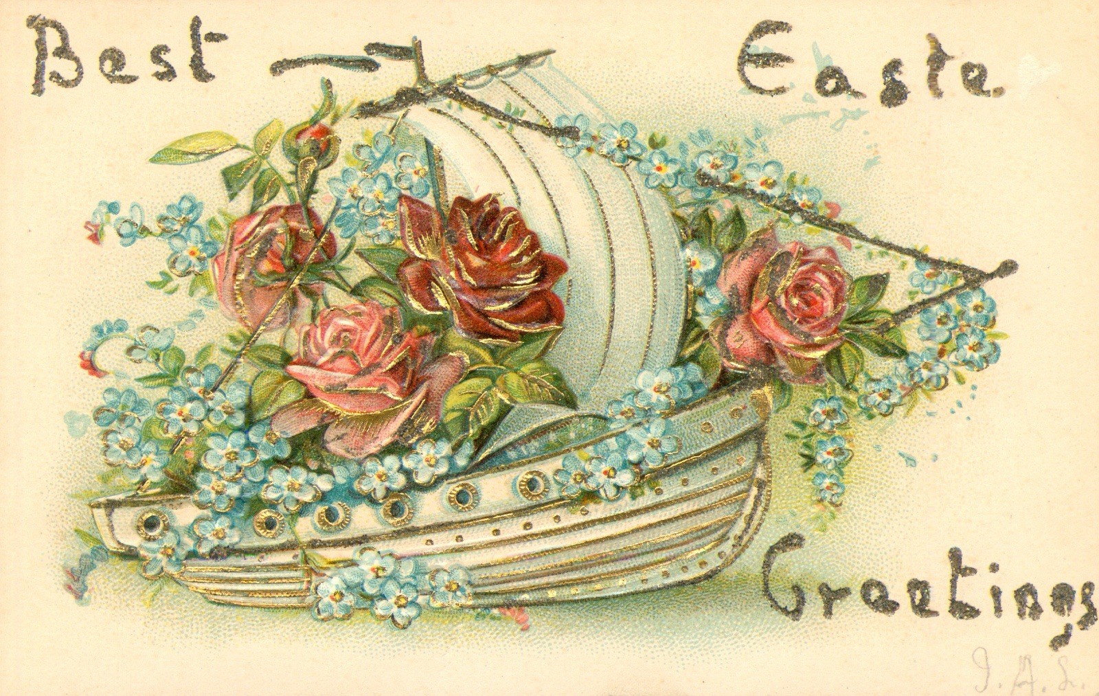 Easter Postcard Antique 1900-1919 Embossed Sailing Ship full of Flowers. N