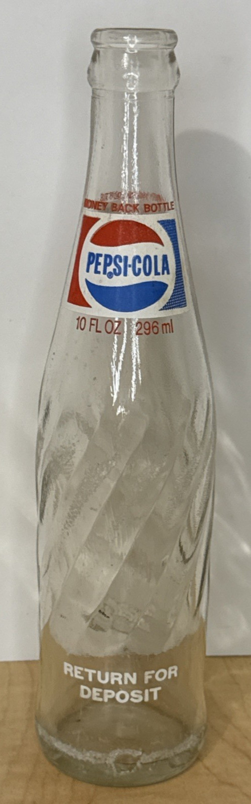 Vintage 1976-80 Pepsi 10oz Swirl Money Back ACL Glass Bottle