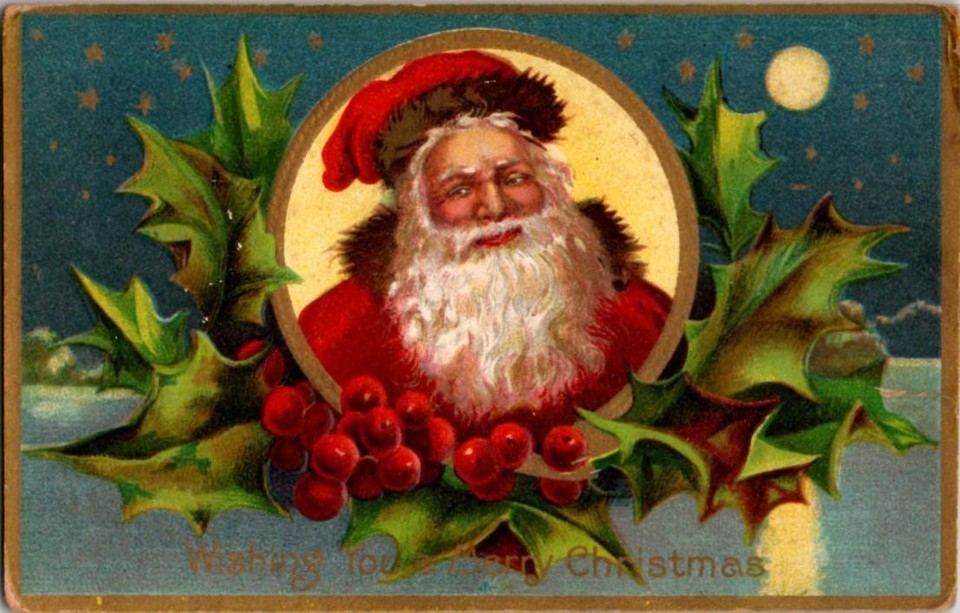 Smiling ~Santa Claus with Holly ~Moon~Stars~Vintage Christmas Postcard~r753