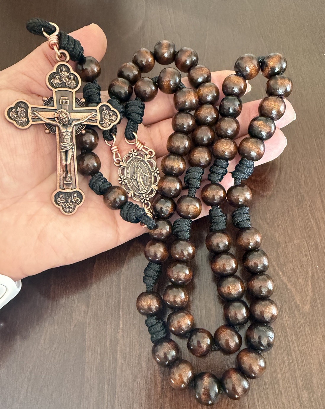 Handmade Wood Beads Rosary: 12 Apostles Copper Crucifix | Copper Miraculous Meda