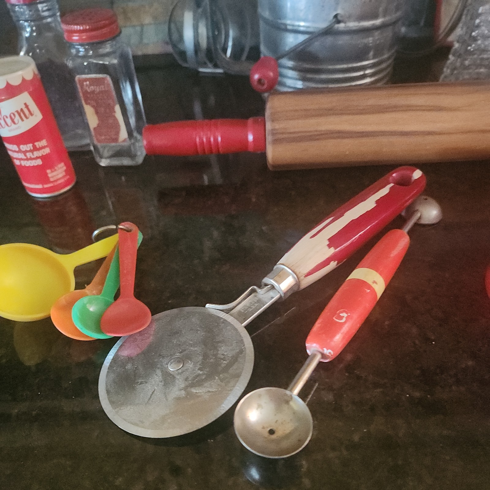 Vintage Red Handled Kitchen Set Items, Lot of 18 includes large variety of items