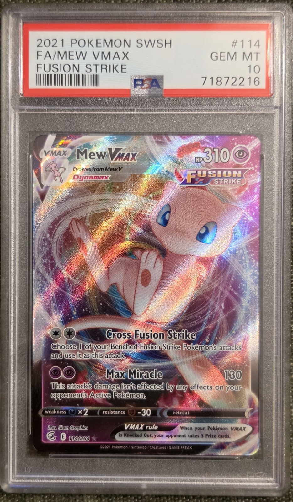 2021 Pokémon Fusion Strike Full Art Mew VMax 114/264 Gem Mint PSA 10