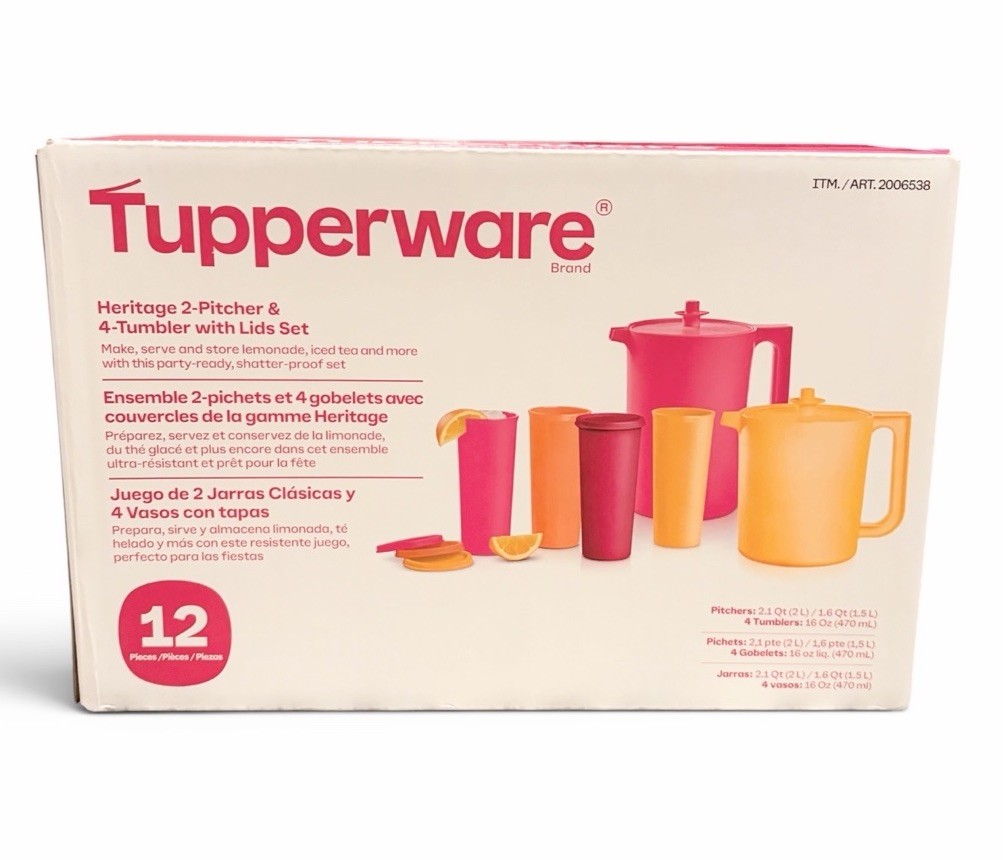 Tupperware Heritage 2 Pitcher & 4 Tumbler Set with Lids – Pink + Orange