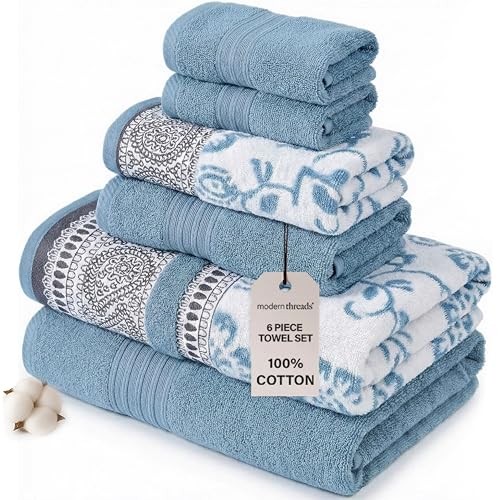 6 Piece Set, 2 Bath Towels, 2 Hand Towels, 2 Washcloths Blue Paisley Floral
