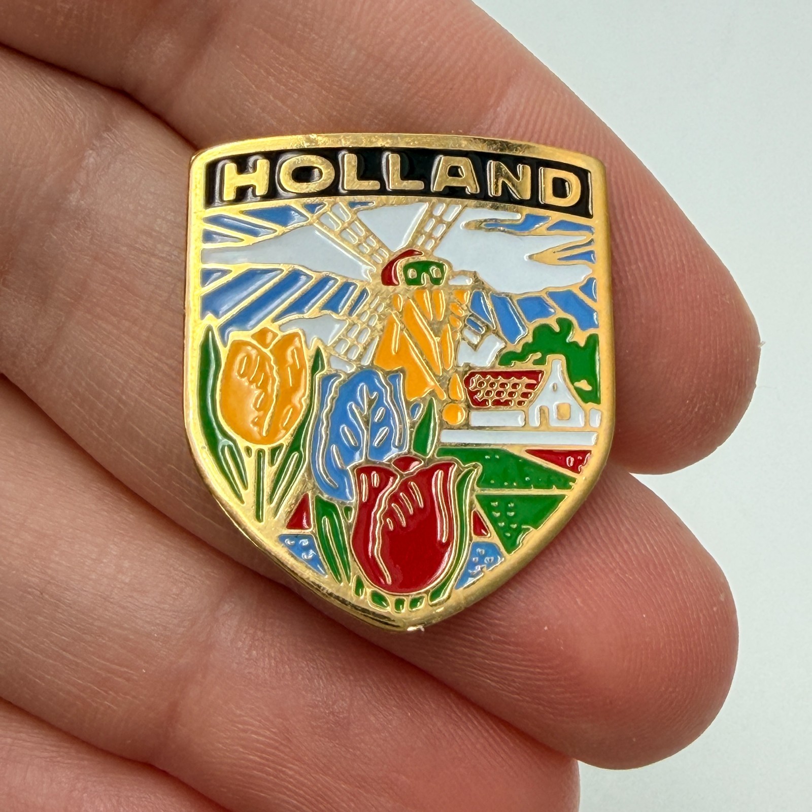 Holland Netherland Windmill Blooming Tulips Lapel Pin Gold Tone Travel Souvenir