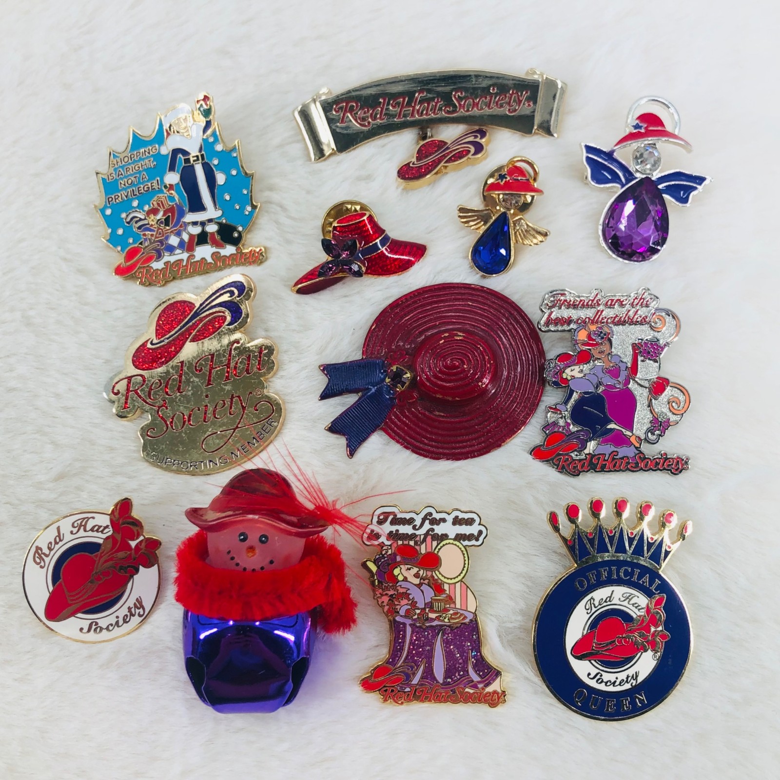 Red Hat Society Member Lapel Pin Brooch Lot – Queen Angel Snowman Bell