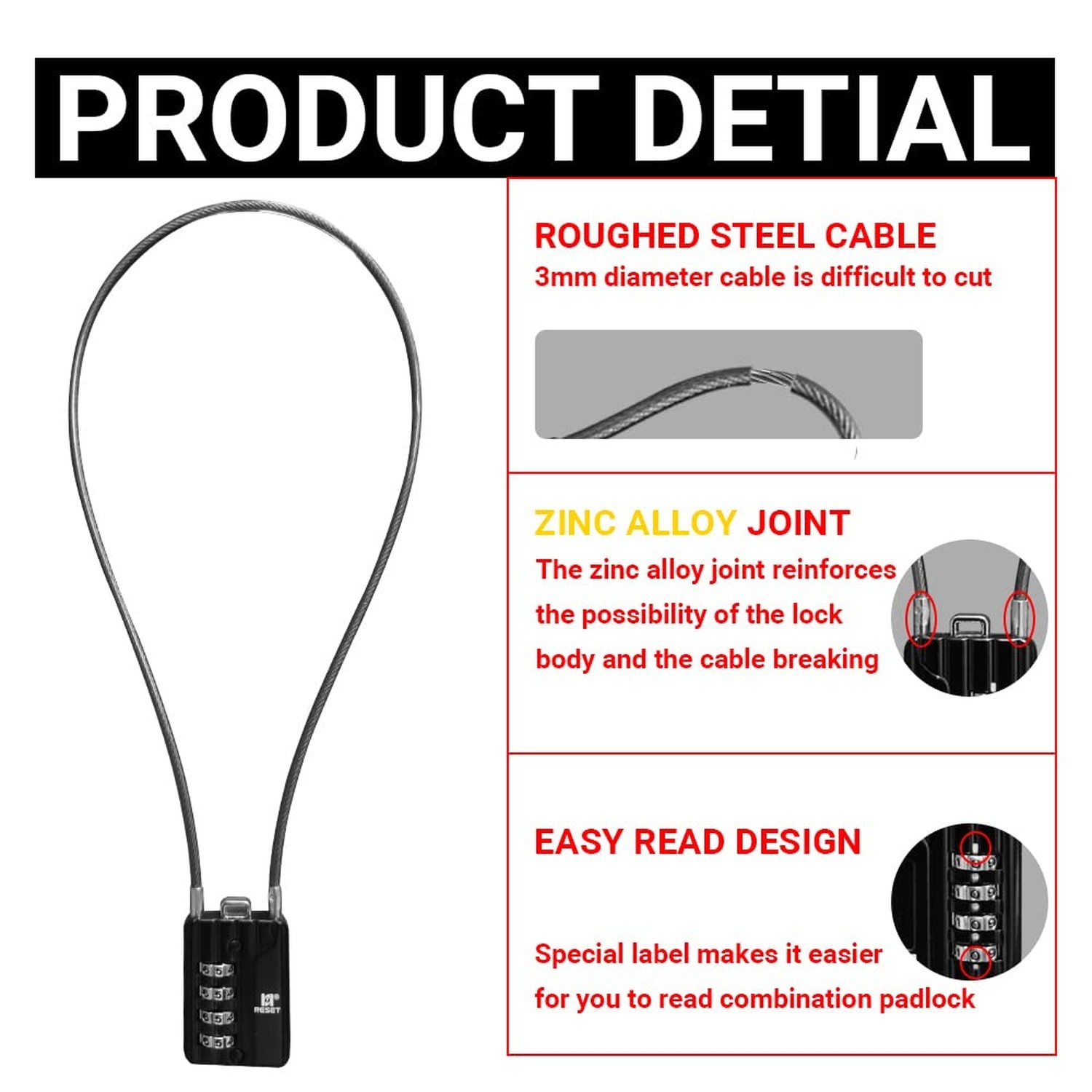 RESET-200 4-Digit Combination Cable Lock, 19.7 in/50cm, 2 Pack | 19.7 in/50cm…
