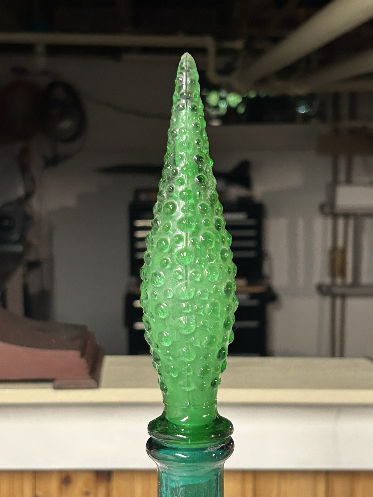 Vintage Italian Empoli Genie Bottle Emerald Green Glass Decanter Hobnail 22″