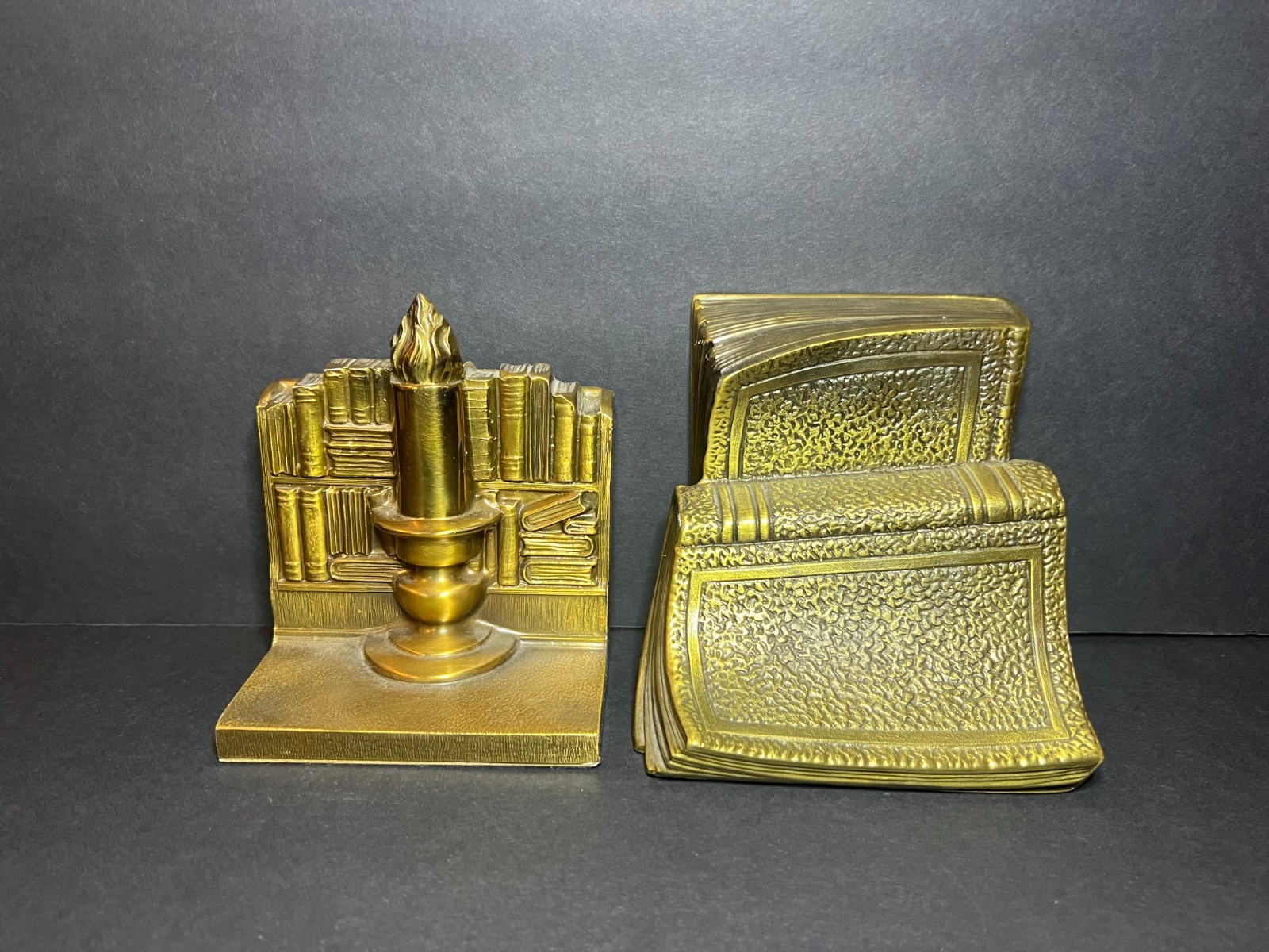 VTG MCM PM Craftsman Brass Plated Metal Cascading Books & Candlestick Bookends