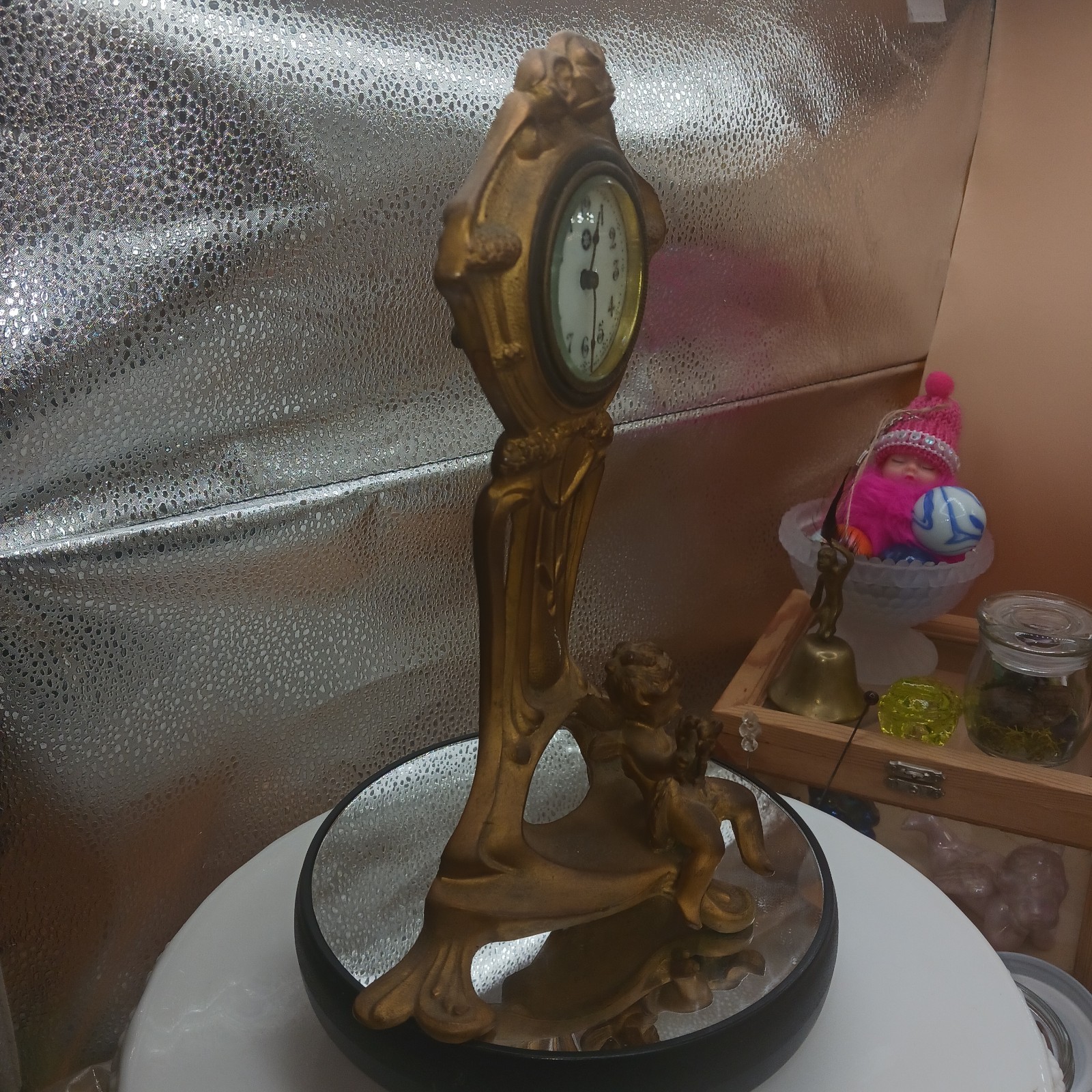 Antique New Haven Cherub Clock With Gold Patina As Is Uranium Glass Face Glows