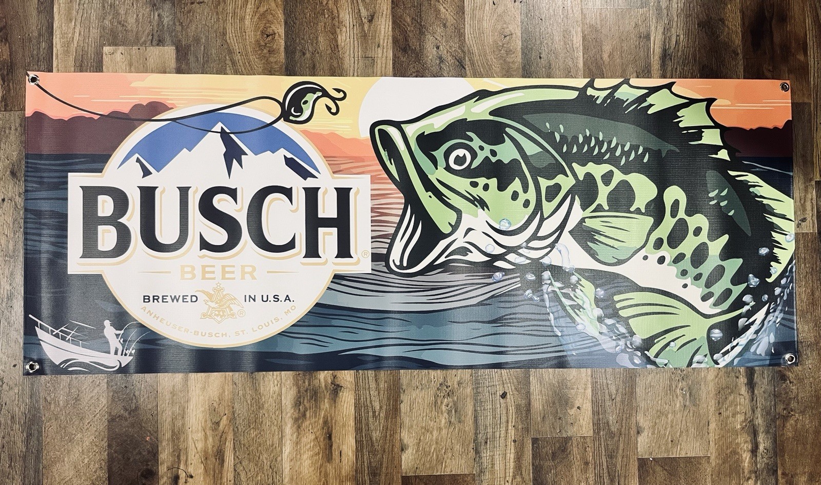 Busch Beer Bass Fishing Style Vinyl Banner Man Cave Garage Workshop Sign Decor
