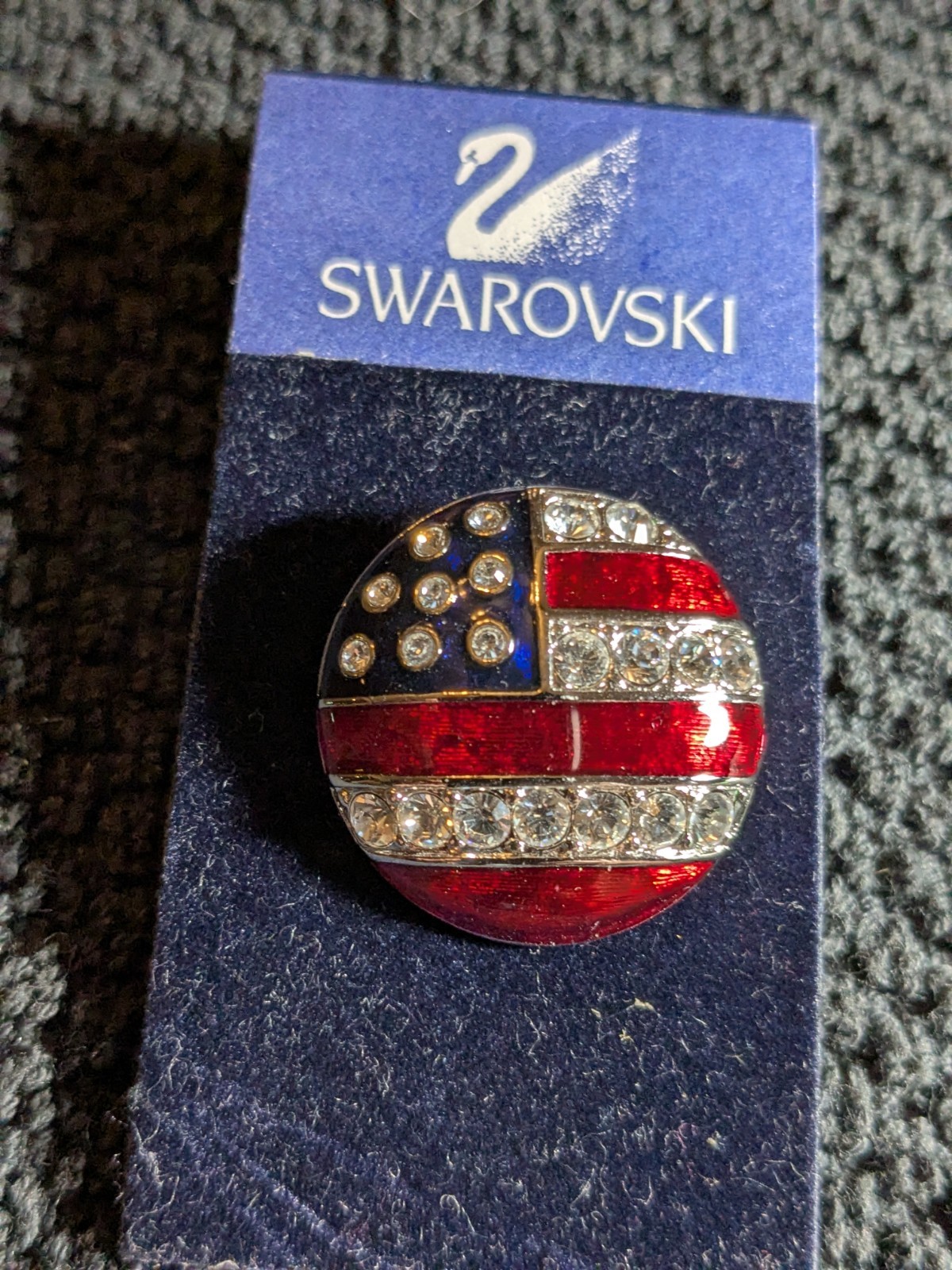 SWAROVSKI Swan Signed Crystal American Flag Red White Blue Flag Pin Brooch Round