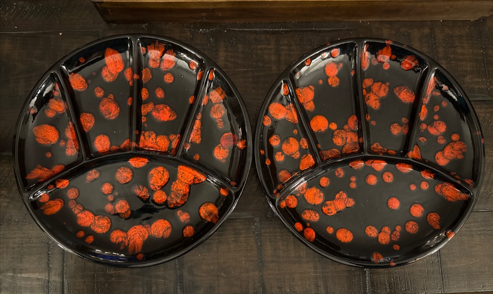 Rare Mid Century Ceramic Large Black and Red Atomic 10 Inch Plates Set Of 2