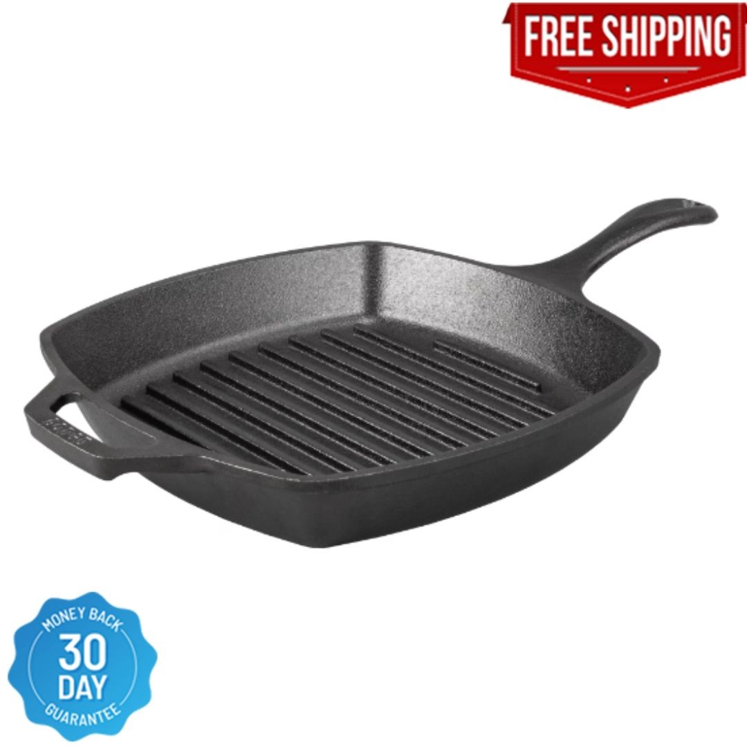 CAST IRON GRILL PAN Lodge Pre Seasoned Steak Bacon Grilling Square Skillet 10.5″