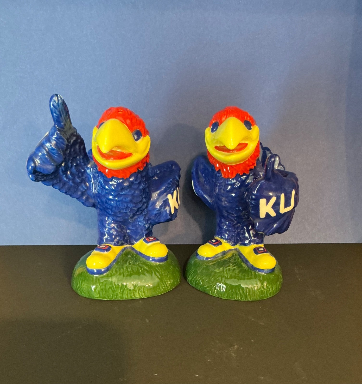 Kansas Jayhawks KU ceramic salt and pepper shakers, figure, figurine