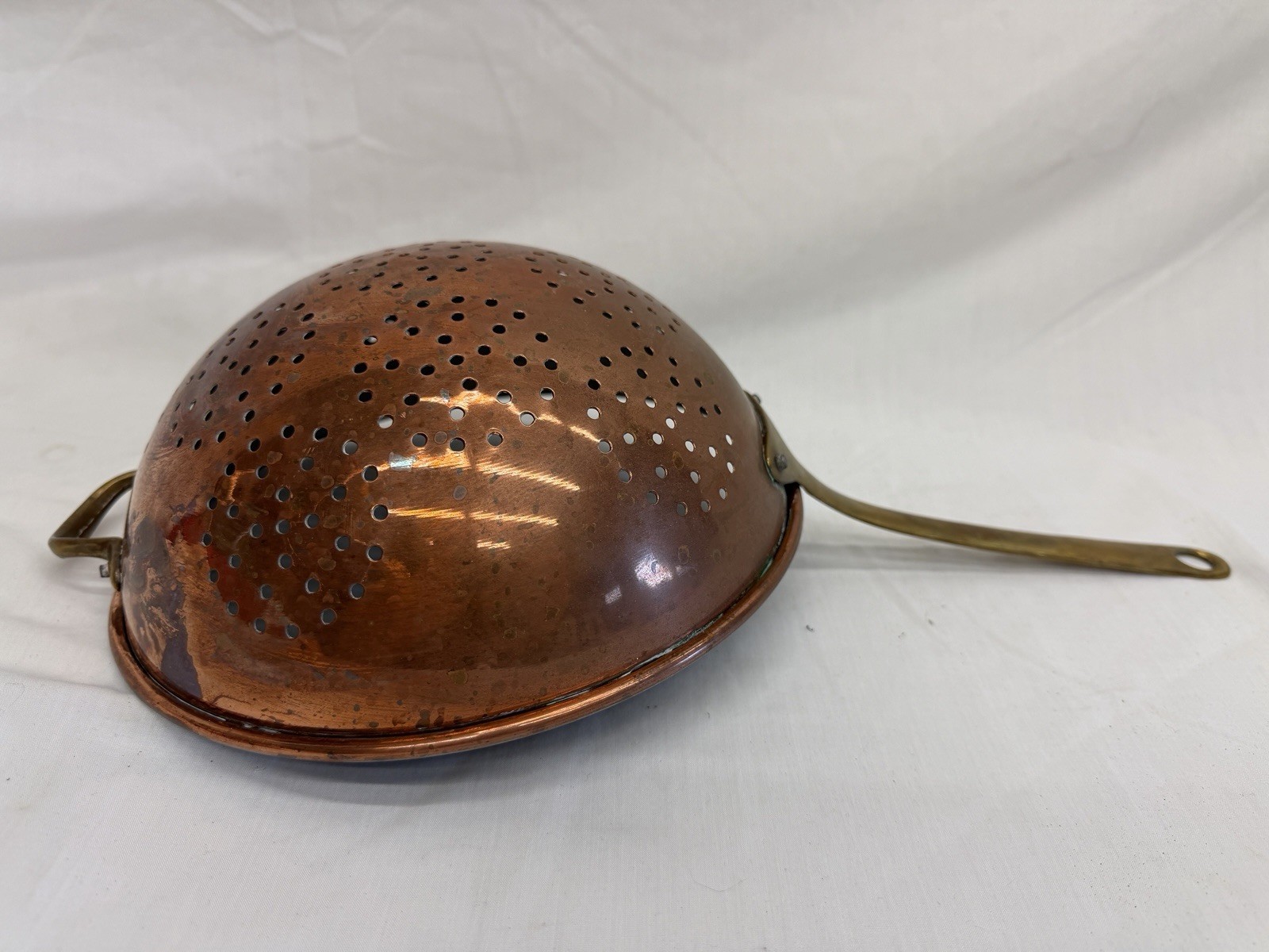 Vintage Solid Copper Colander Brass Handle Kitchen Strainer 9” Bowl Rustic Decor