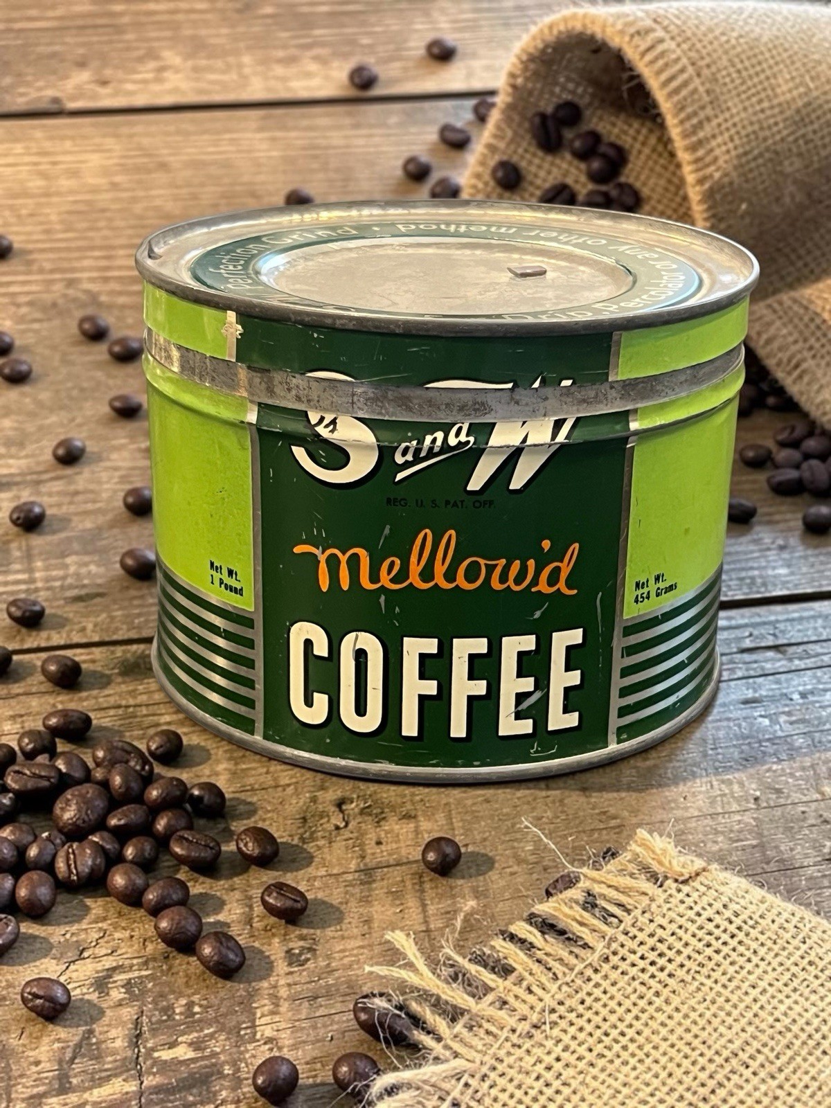 1940s Vintage S & W Mellowd Coffee Advertising Litho Tin Box Round USA