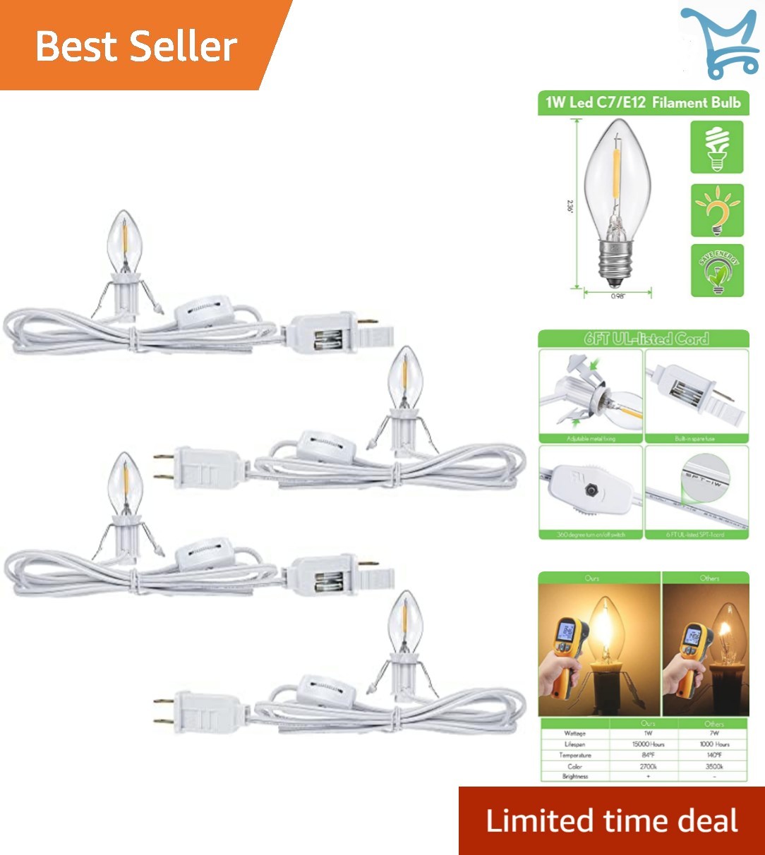 Christmas Village Lights Cord 6Ft LED String with On/Off Switch Fuses
