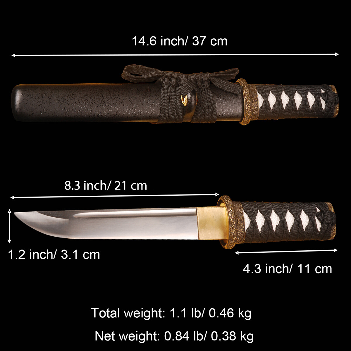 16” Handmade Sharp Short Knife Black Japanese Samurai Tanto Sword Self-defense