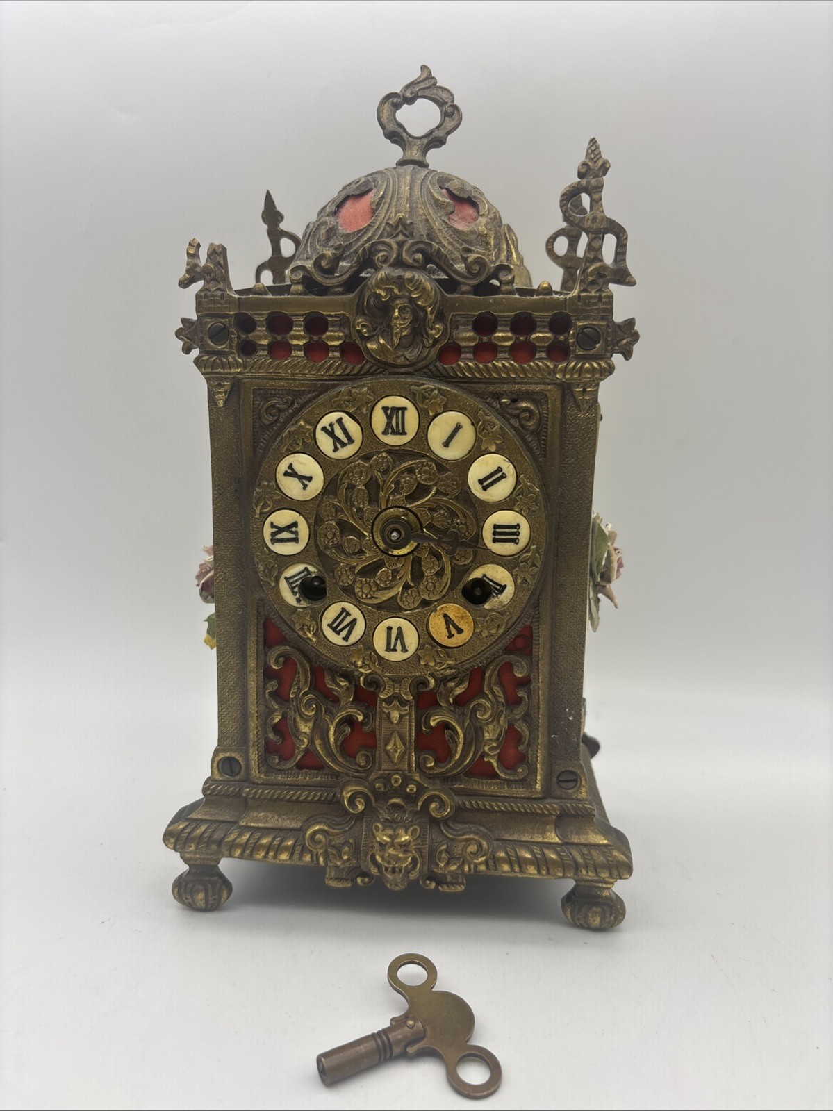 Antique Franz Hermle Ornate Brass Mantel Clock Mechanical 130-070 Roman Numerals