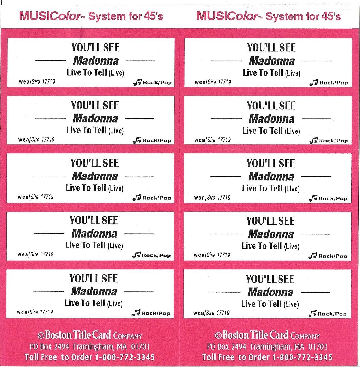 Jukebox Title Strip Sheet – Madonna: “You’ll See” / “Live To Tell (Live)” – 1996