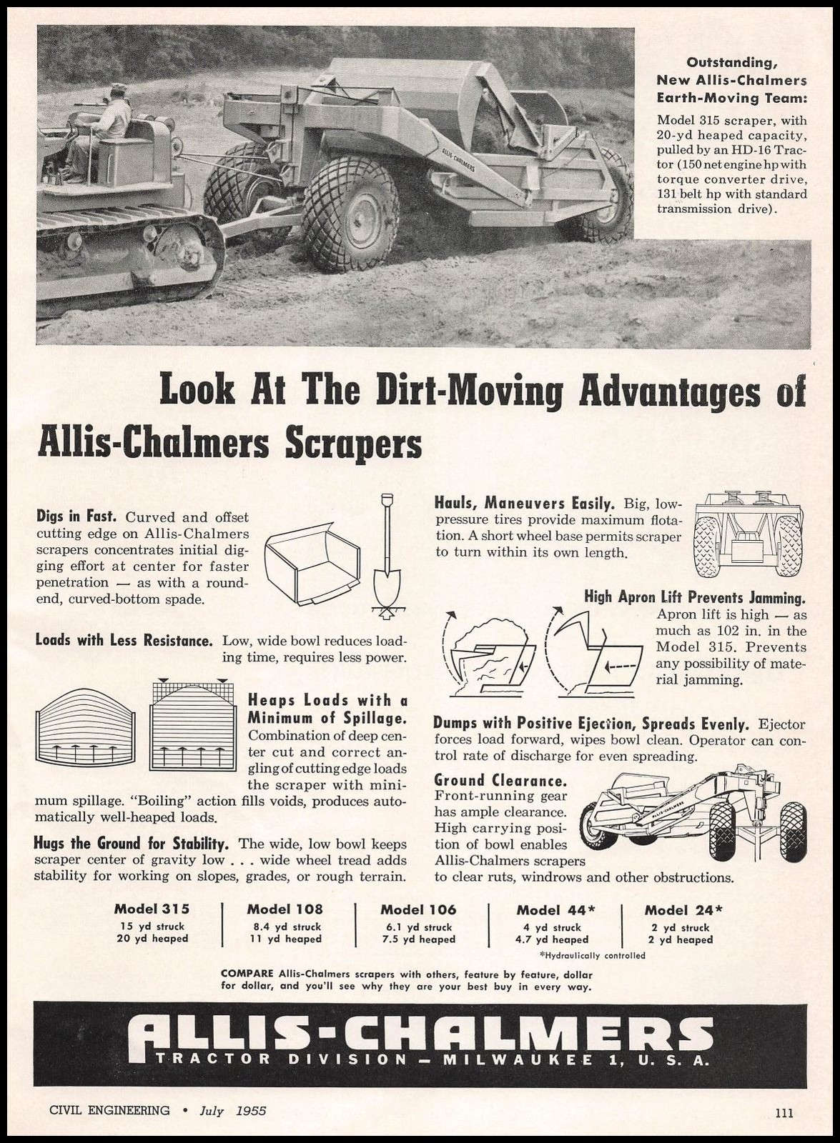 1955 Allis Chalmers Tractor Milwaukee Wisconsin Photo Model 315 Scraper Print Ad