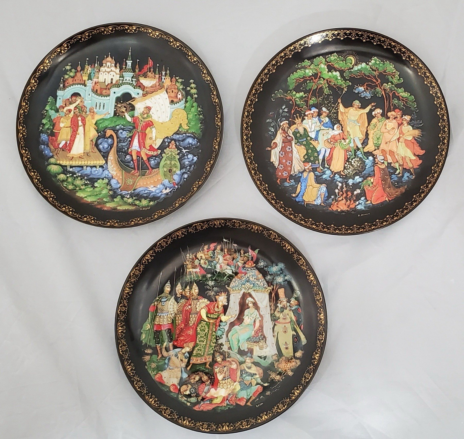 Set Of 3 Vntg Palekh Porcelain Plates: The 12 Months, Sadko, The Golden Cockerel