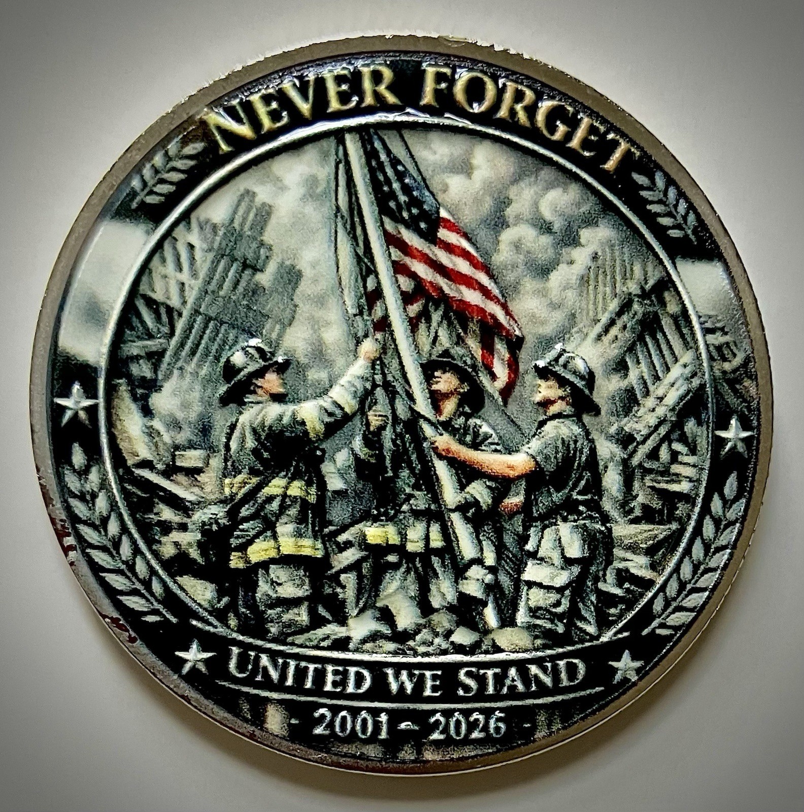 9/11 Flag Raising Challenge Coin-3D-Glossy-25 Yr Anniversary-New