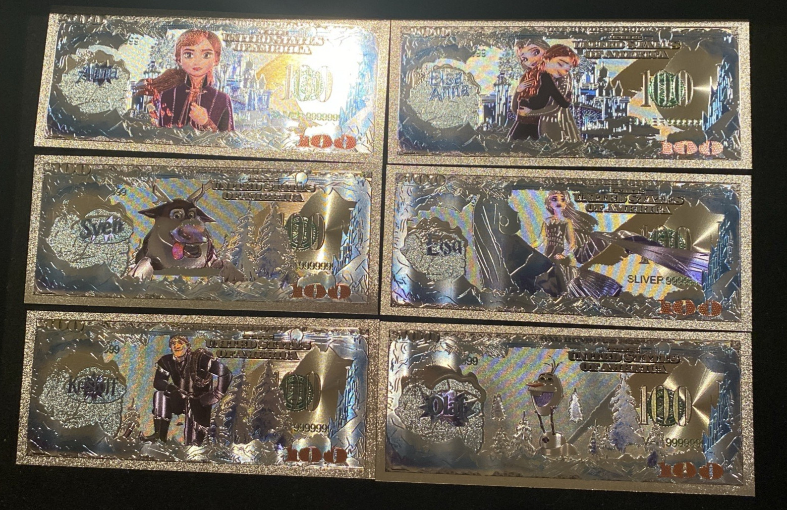 Frozen Silver Foil Novelty Banknote Set of 6 w/ COA Anna Elsa Olaf Kristoff