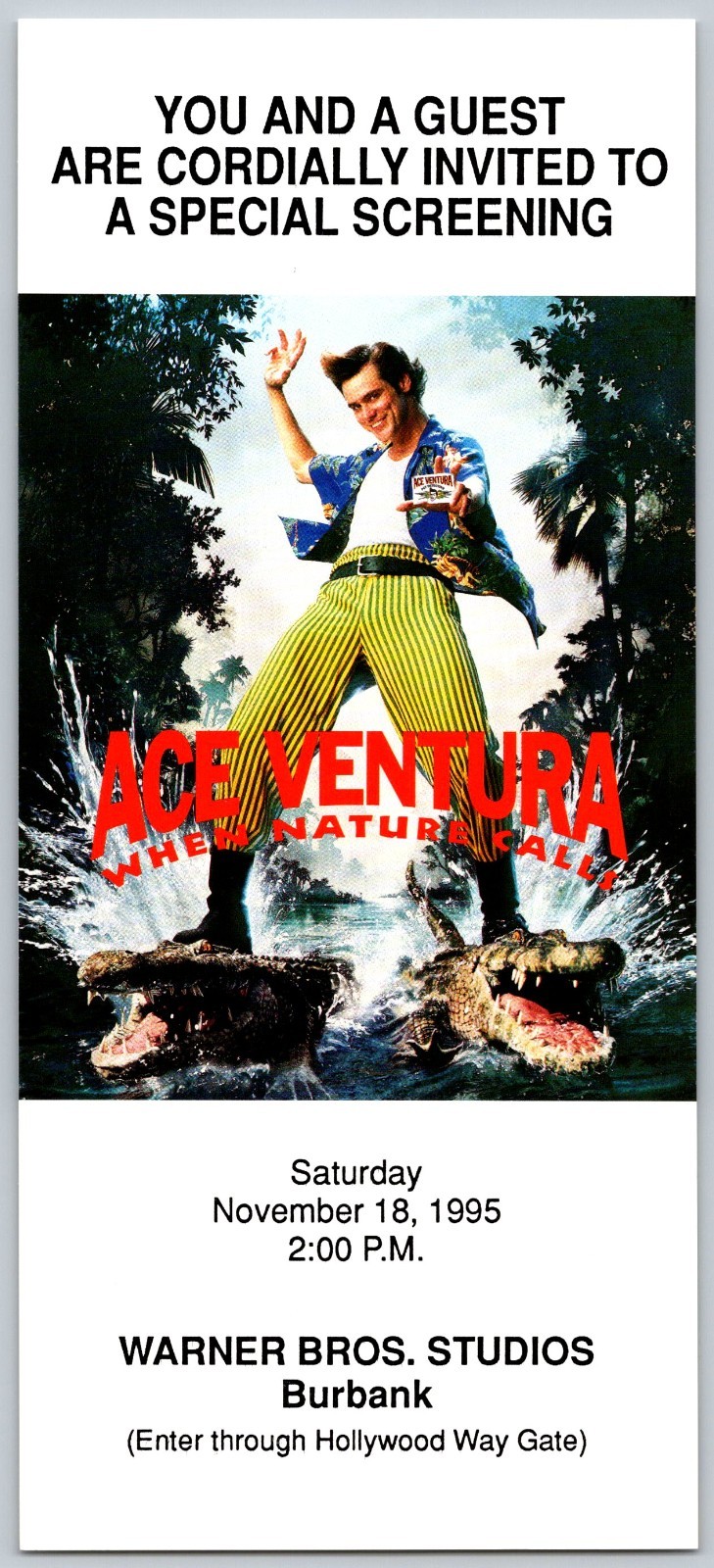 Original 1995 Ace Ventura When Nature Calls Movie Ticket Jim Carrey WB Burbank
