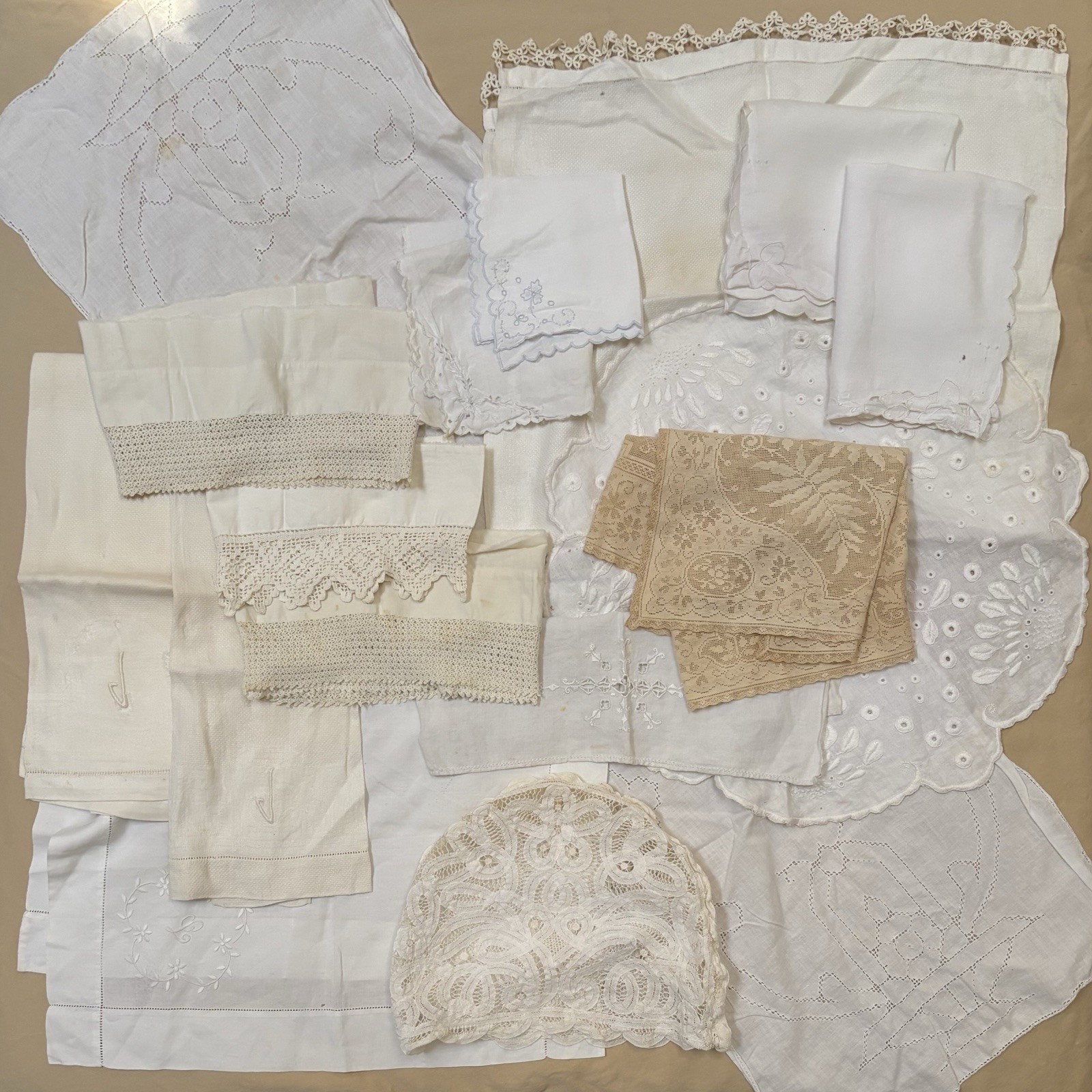 15 Pc Vtg Whitework Embroidered Linens Cutter Craft Lot#H Cutwork Lace Crochet