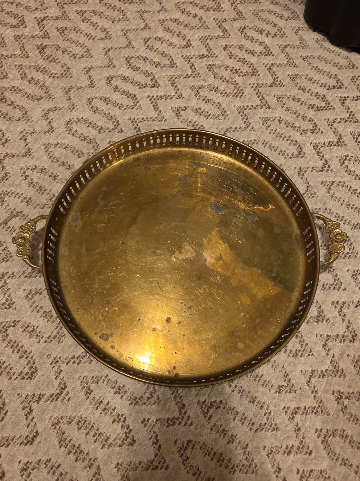 Vintage Brass Tray 11 1/8” Diameter W/ Ornate Flower Handles Made in India