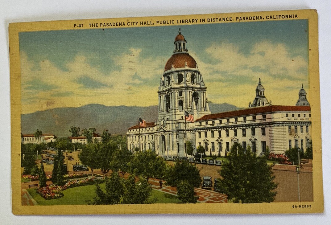 Vintage Linen Postcard ~ Pasadena City Hall & Public Library View~ California CA