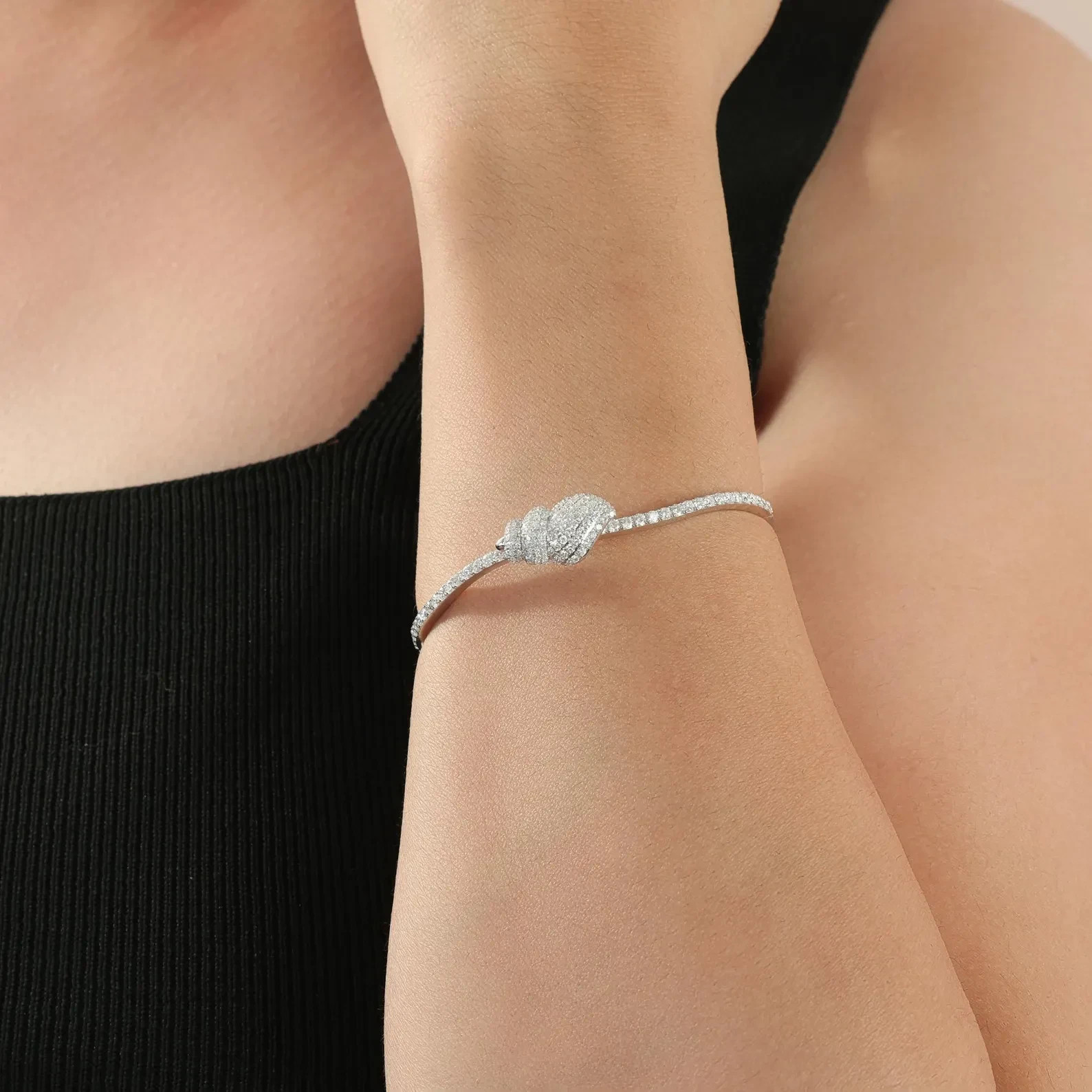 Wedding Diamond Knot Bangle Bracelet In 14K White Gold Over Gift For Her Sz 7.5″