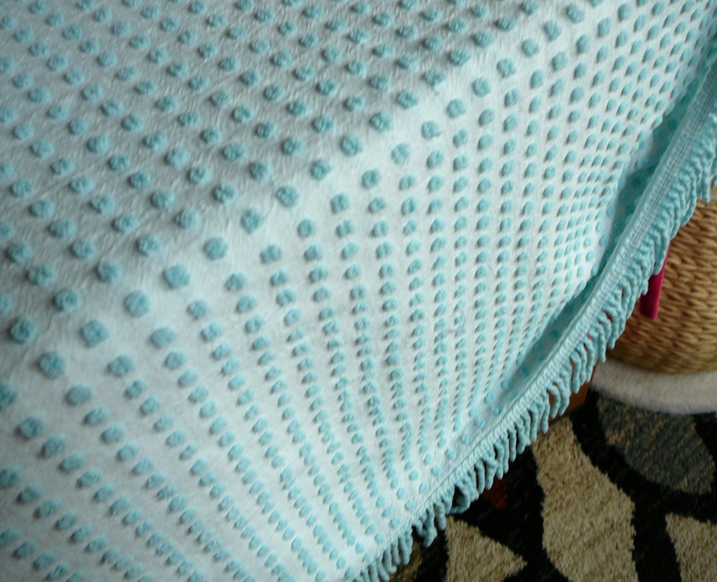 VTG MORGAN JONES RARE AQUA MINI POPS CHENILLE BEDSPREAD FABRIC 24″X18″ Inches