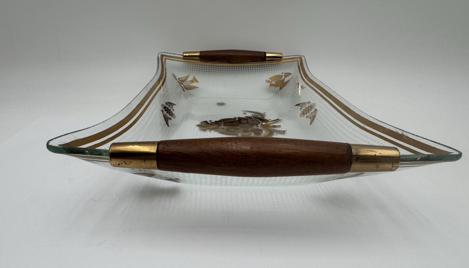 Georges Briard MCM Rectangle Glass Teak Wood Handles Gold Guilded Tray