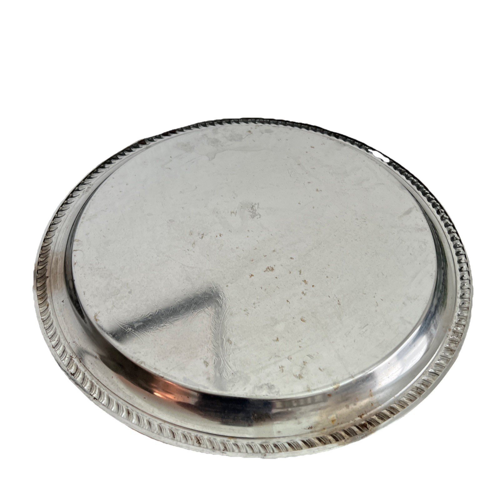 Vintage 14” Round Chrome Serving Tray Engraved Floral Scroll Pattern Rope Edge